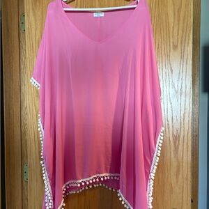 Pink and White Swim Coverup with Pom-Pom Trim